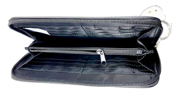 Hello Kitty Pleather and Nylon Wallet, Black and Red, 3-sidedZipper, Full Size, 2 sides for cards and center zipper pouch for security items.