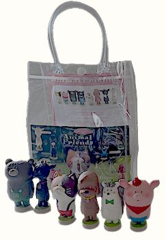 Complete Set of 6 "Animal Friends" In A Clear Mini Tote Bag. Bear In GREEN Overalls, Black Goat, Cat, Dog, Hedge Hog, Pig collectible