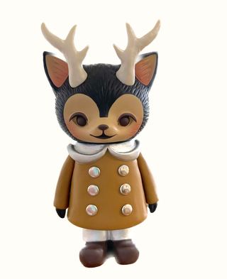 MORRIS THE CAT WITH ANTLERS'  - Morris vinyl figure. BROWN JACKET - silver hood, pants, buttons