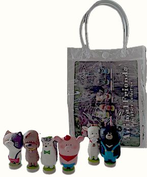 Complete Set of 6 "Animal Friends" In A Clear Mini Tote Bag. Bear In BLUE Overalls And White Goat