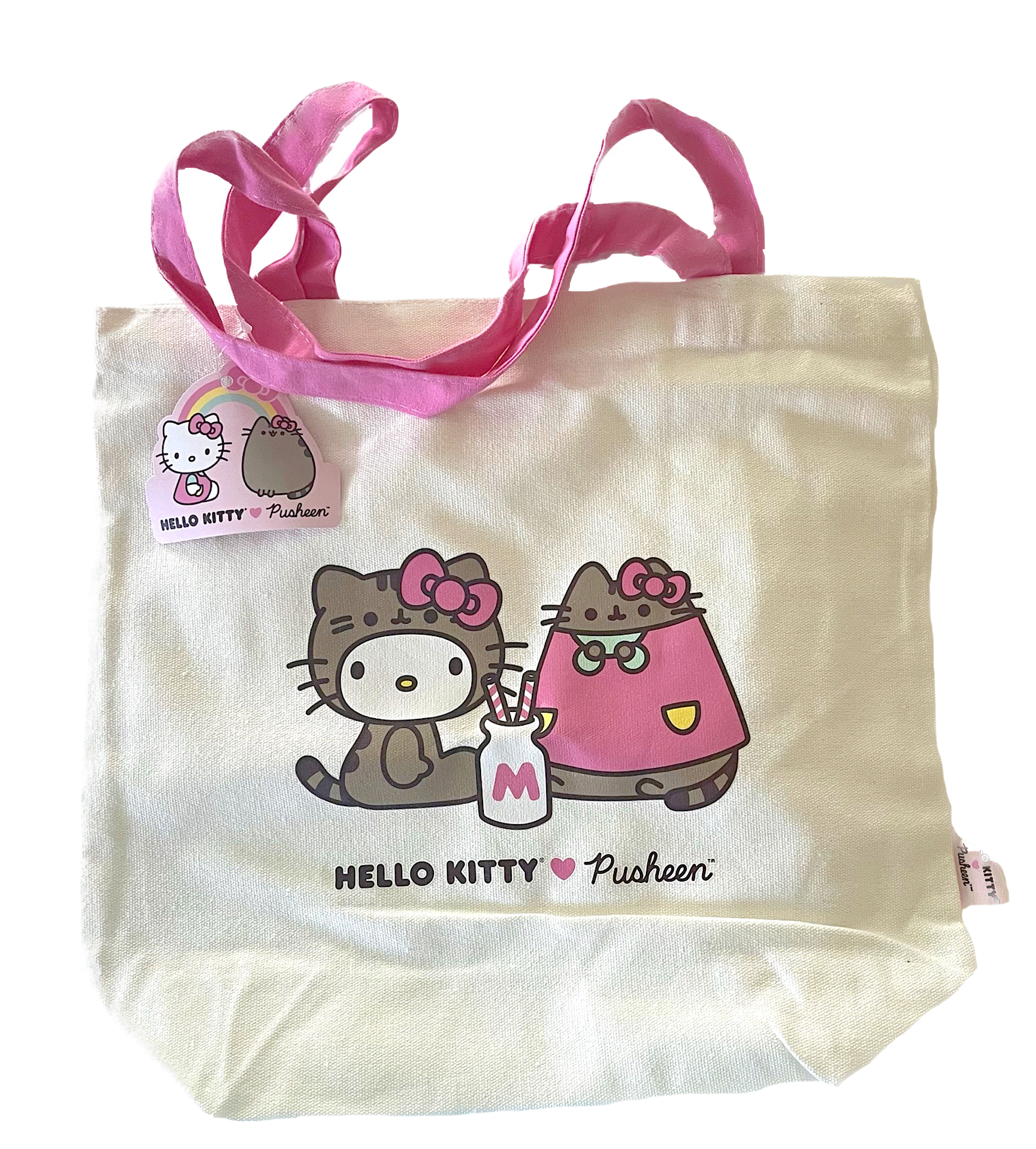 Hello Kitty Loves Pusheen Canvas Fabric Tote Bag, 8"x 11"x 3+"