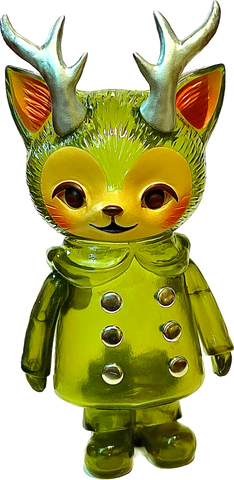 A clear green vinyl figure of the Morris, the cat with antlers, standing 8 inches tall, with a clear green colored head and silver antlers wearing a 6 button coat, trousers and shoes.