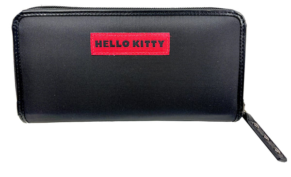 Hello Kitty Pleather and Nylon Wallet, Black and Red, 3-sidedZipper, Full Size, 2 sides for cards and center zipper pouch for security items.