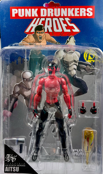 AITSU (5.5")Action Figure by 1000Toys + UN:SYNTH HEROES + PUNK DRUNKERS, Red Torso, 2018, Poseable in a Great Number of Positions.