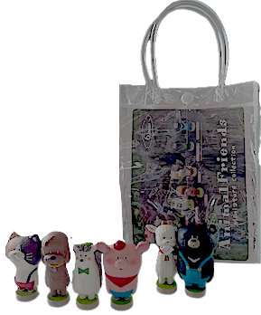 Complete Set of 6 "Animal Friends" In A Clear Mini Tote Bag. Bear In BLUE Overalls And White Goat