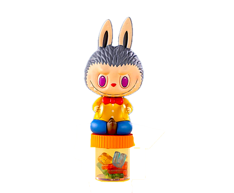 Labubu Sitting on a Jar of Clear, Multi-Colored, Hard Candy Letters That Spell LABUBU