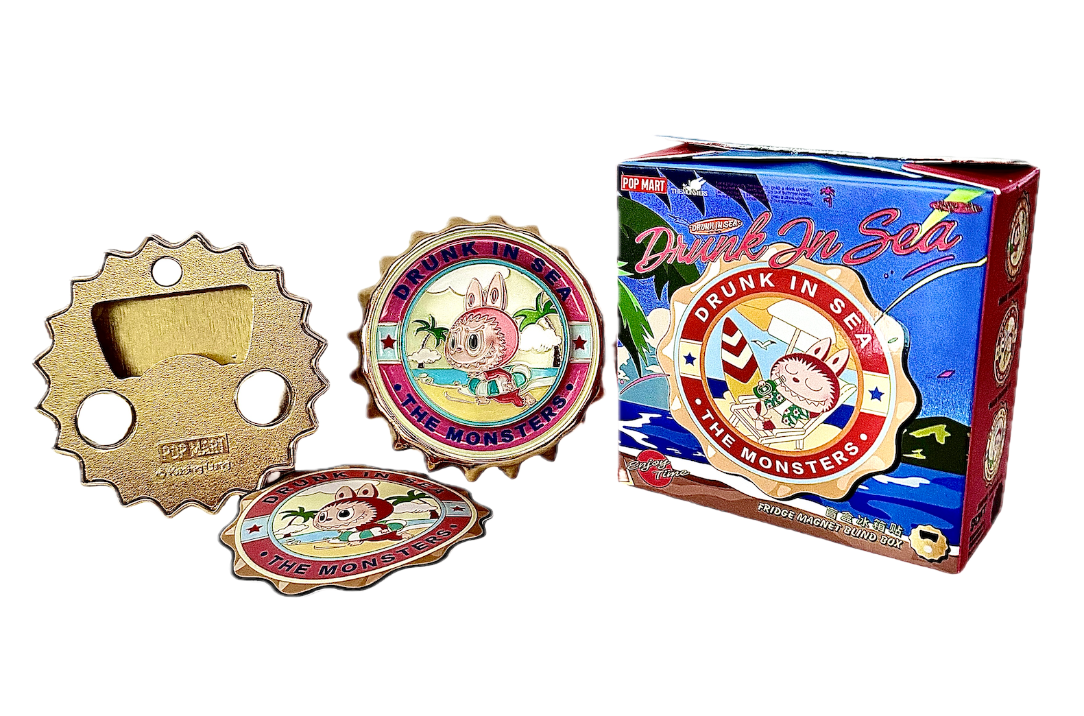 Labubu Series Enameled Metal, Fridge Magnet that is also a Bottle Opener Plus a Sticker: Drunk In Sea, Racing To The Sea