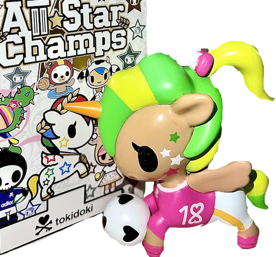 TokiDoki All Star Champs "Kick Star" Unicorno Soccer, Series 3, with Box, Stylized Vinyl Mini Figure, 3" Tall